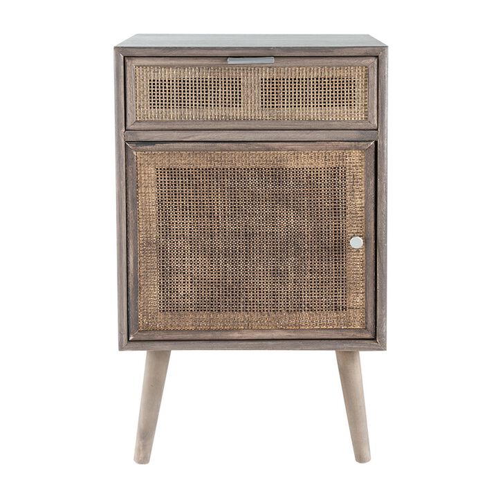 Pia 28 Inch Accent Cabinet, 1 Drawer, Pine Wood, Woven Rattan Door, Brown - Benzara