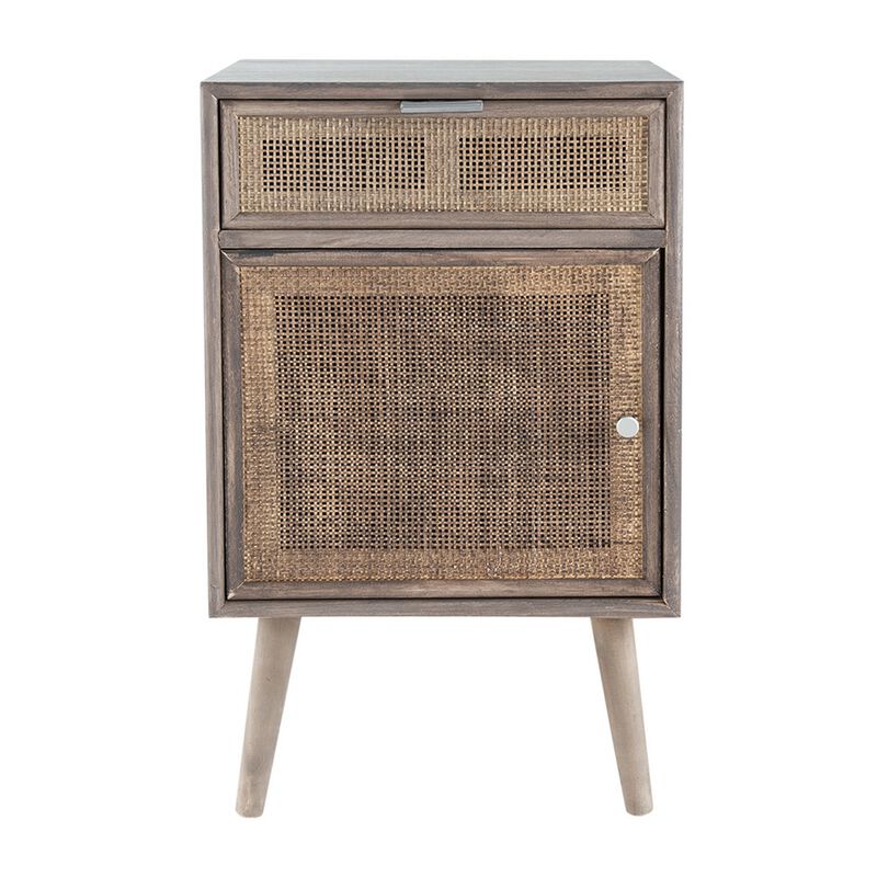 Pia 28 Inch Accent Cabinet, 1 Drawer, Pine Wood, Woven Rattan Door, Brown - Benzara