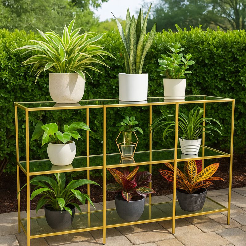 Woly Plant Stand Rack, 2 Glass Shelves, 59 Inch Industrial Gold Metal