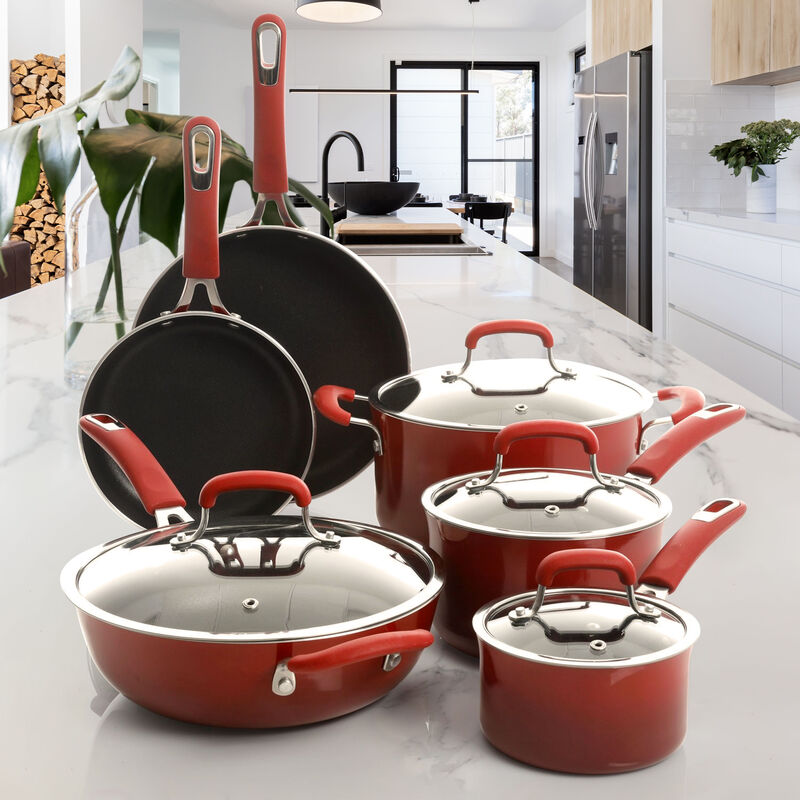 Kenmore Elite Andover 10 Piece Nonstick Aluminum Cookware Set in Red Gradient