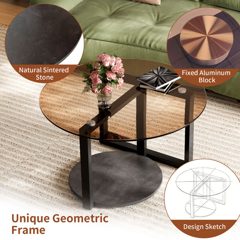 Brown Glass Coffee Table Round Abstract Tempered Glass Accent Table Furniture image number 3