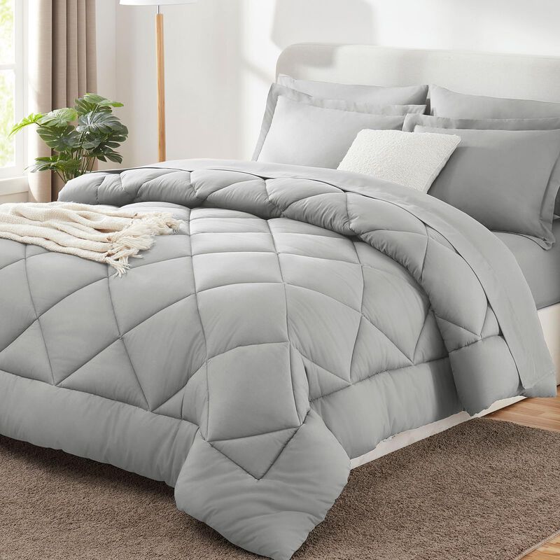 CozyLux Queen Bed in a Bag 7-Pieces Comforter Set with Sheets Light Grey All Season Bedding Sets with Comforter, Pillow Shams, F