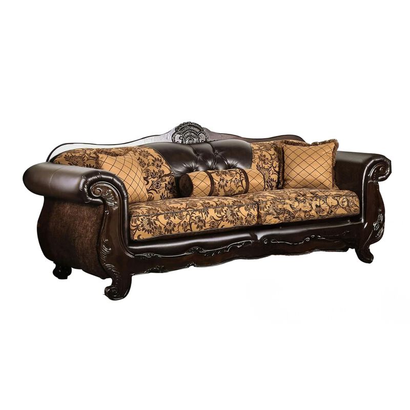 Quo 2pc Sofa Loveseat Set, Tan, Dark Brown Chenille, 4 Accent Pillows  - Benzara image number 1
