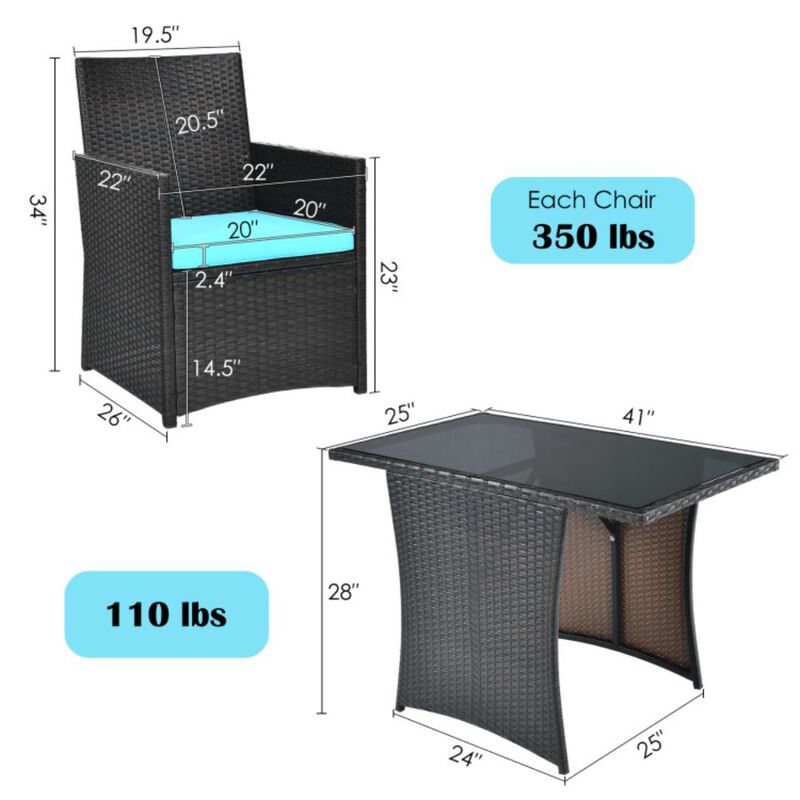 Hivvago 3 Pieces Patio Rattan Furniture Set with Cushion and Sofa Armrest