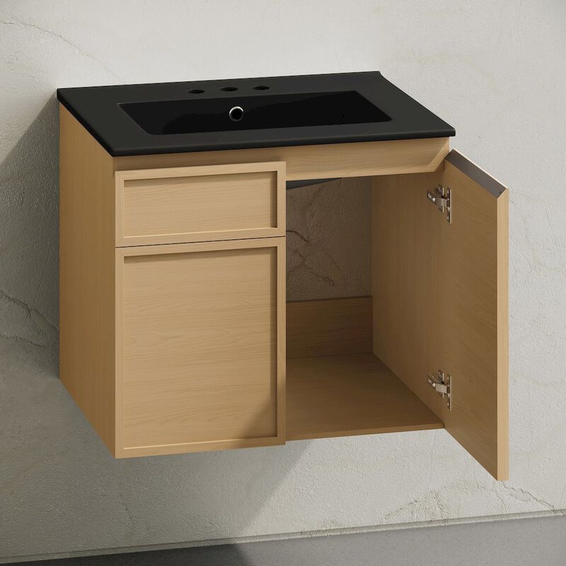 24" Wall-Mounted Bathroom Vanity, Natural Oak, Black 3-Hole Widespread Sink Top image number 3