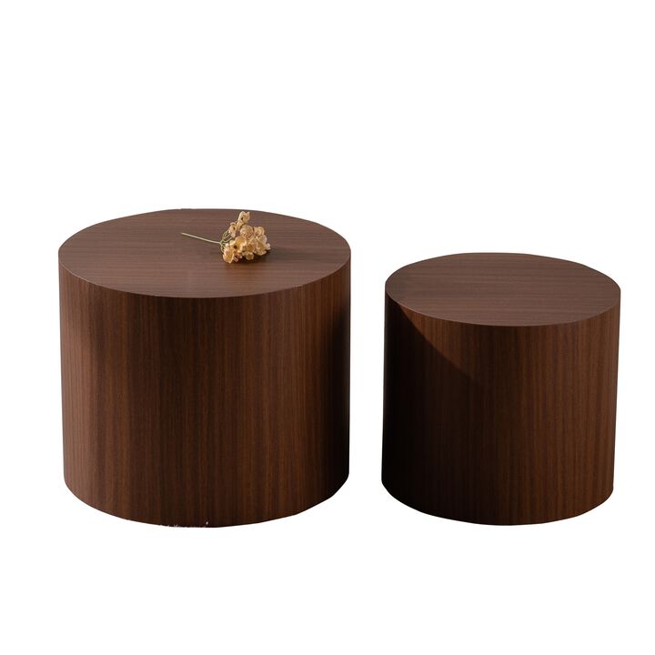 Modern Round Drum Nesting Coffee Table Set of 2, Wooden Cylinder Coffee Tables for Living Room, Space-Saving Design