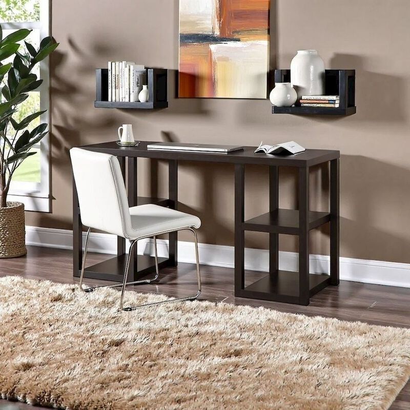 Brown Wood Desk with Shelfs &ndash; Natural Writing Table for Home or Office image number 2