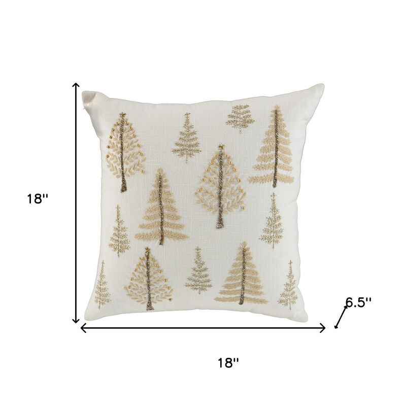 HomeRoots 18" Natural Silver And Gold Cotton Christmas Trees Throw Pillow With Beads And Embroidery image number 3