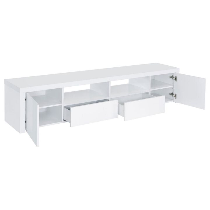 79 Inch TV Media Entertainment Console, 2 Drawers, Shelves, Wood, White - Benzara