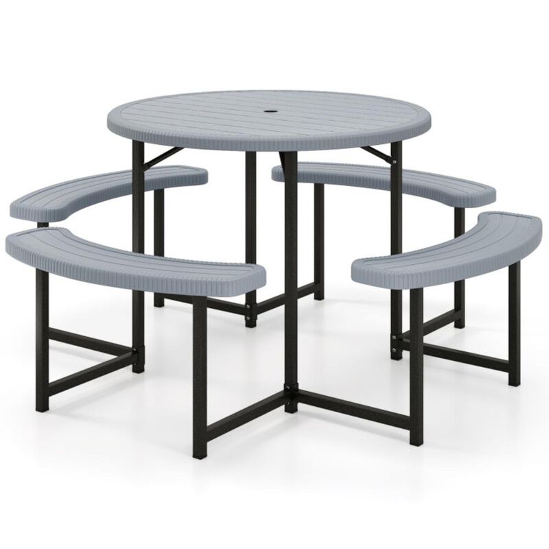Hivvago Round Picnic Table Bench Set with 4 Benches and Umbrella Hole for Patio Lawn