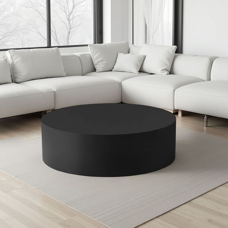 Rano Coffee Table, 40 Inch Round Black Iron Top, Modern Drum Shape - Benzara