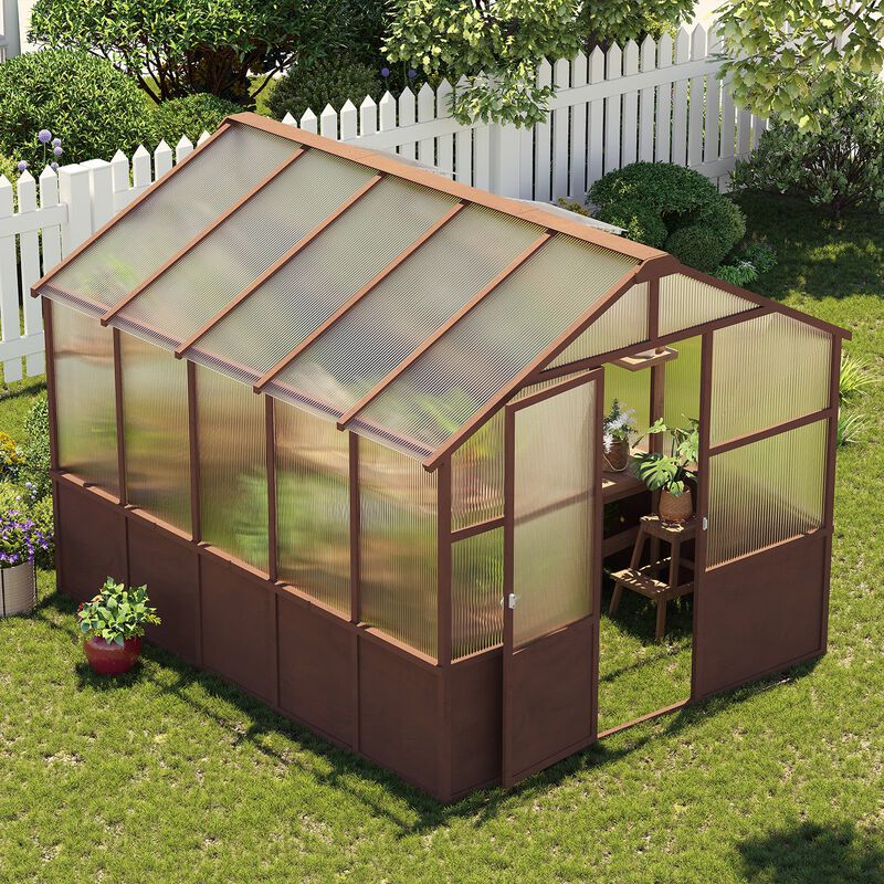 8x10 FT Greenhouse, Wooden Walk-in Greenhouse for Outdoors with Polycarbonate Panel and Adjustable Roof Vents image number 1