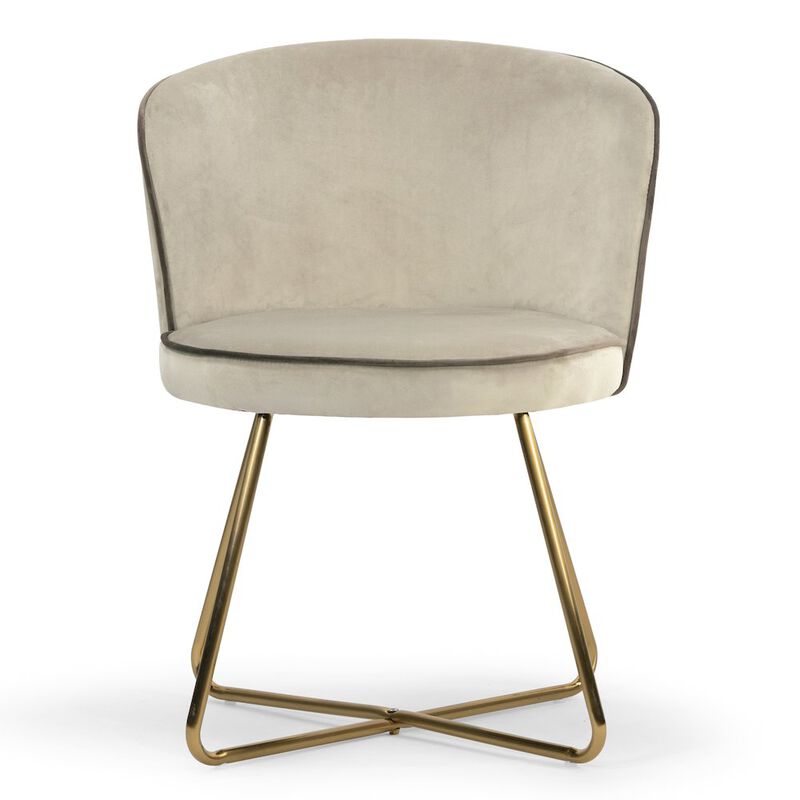 Glamour Home Set of 2 Beige Velvet Dining Chair Contrasting Piping and Golden Metal Legs