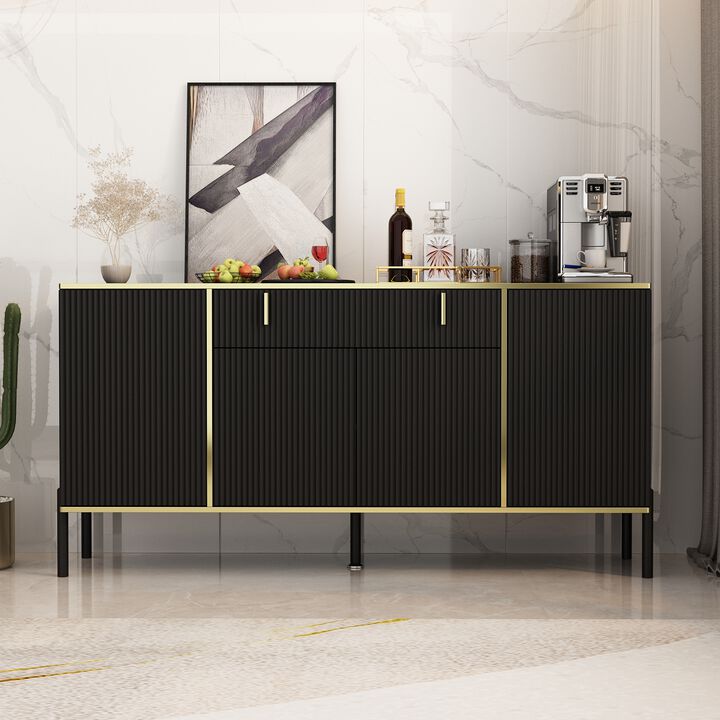 Black Wavy Paint Finish Floor-Standing Sideboard Cupboard with 4-Doors 2-Drawers Adjustable Shelves
