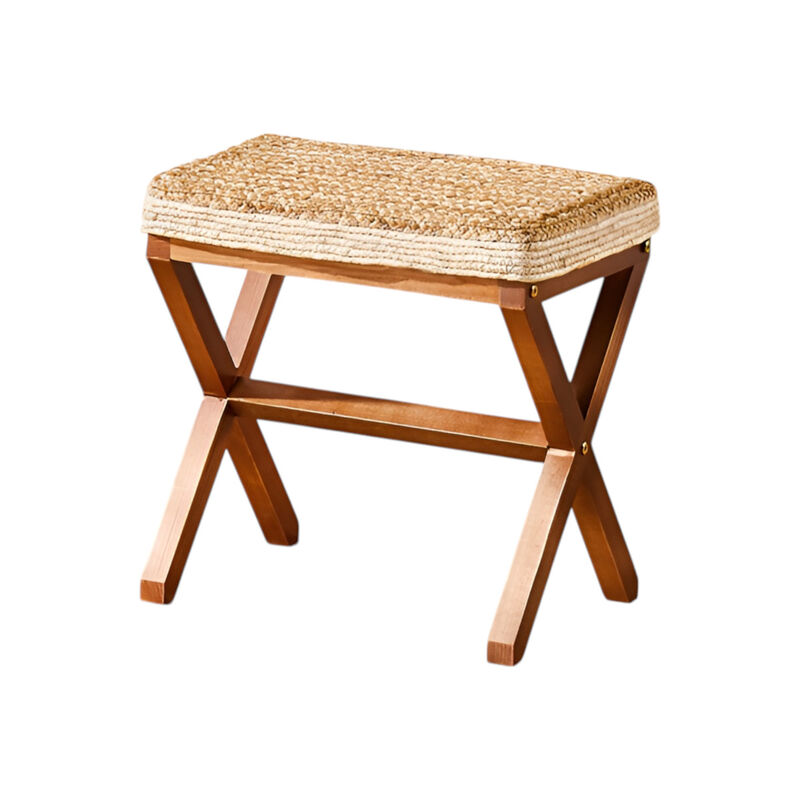 Natural Seagrass Footstool Rectangular Ottoman with Wooden X-Legs For Home Decor