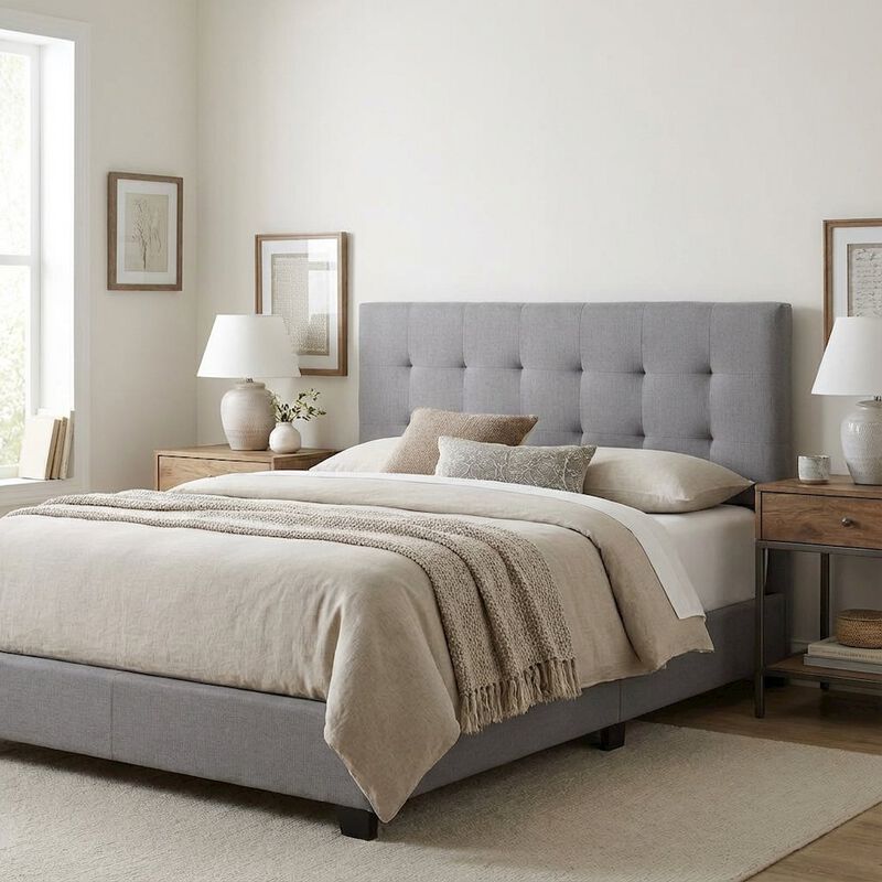 Gray Upholstered King Headboard with Rubberwood Frame and Stylish Design image number 2