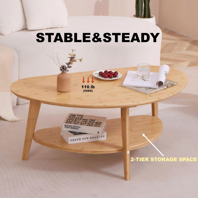 NAVREX Amazon Mid Century Modern Coffee Table with Storage Shelf, Oval Coffee Tables for Living Room Bedroom, 100% Solid Bamboo