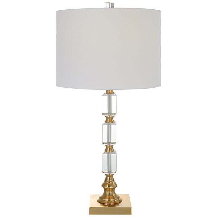 29 Inch Metal Table Lamp, Stacked Crystals, Antique Brass, White-Benzara