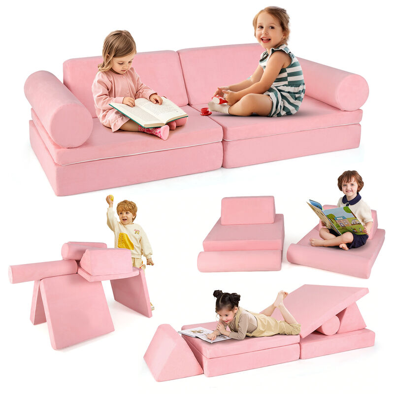 8 Pieces Kids Play Couch Foam Building Fort Play Set with Suede Cover