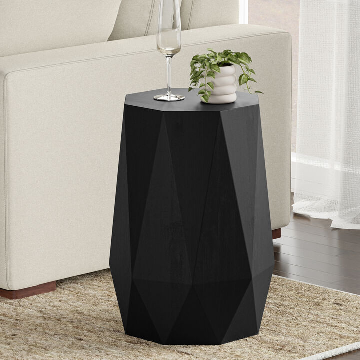 Kurt SOLID ACACIA WOOD 15 inch Wide Polygon Contemporary Side Table in Black, Fully Assembled