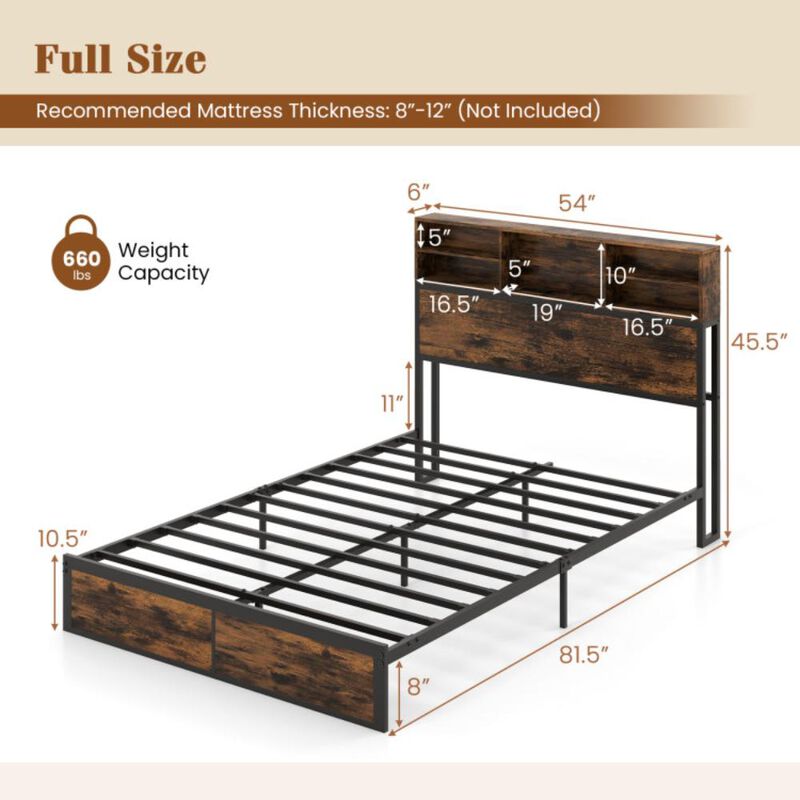 Hivvago Full Size Bed Frame with Storage Headboard Industrial Metal Platform Bed