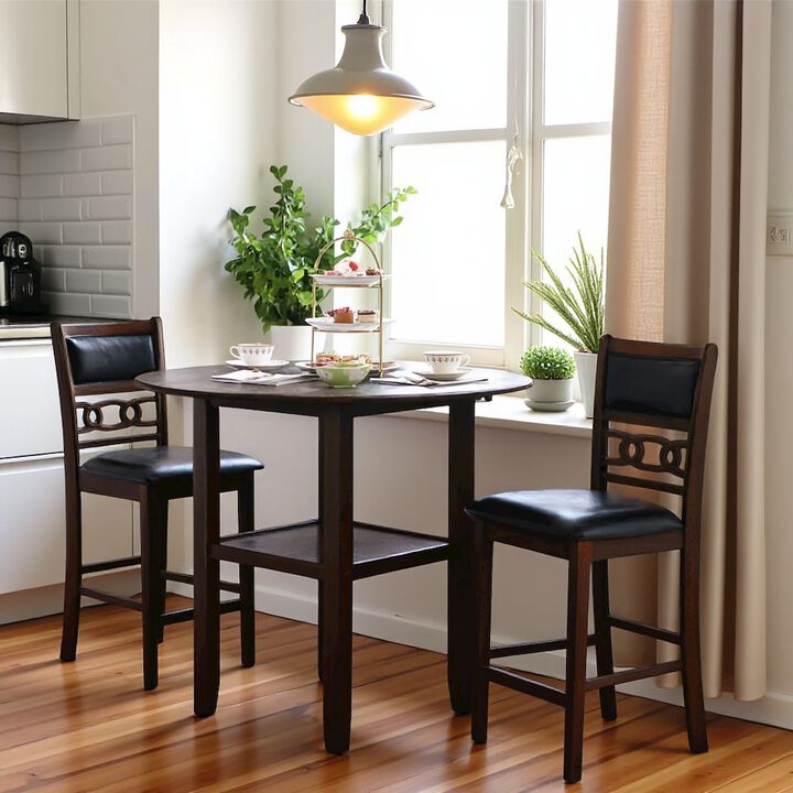 Dark Brown 3 Piece Drop Leaf Table and 2 Chairs, Small Round Dining Table Set