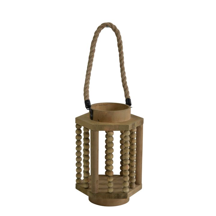 Abacus Design Hexagonal Wooden Lantern with Rope Hanger, Rustic Brown-Benzara