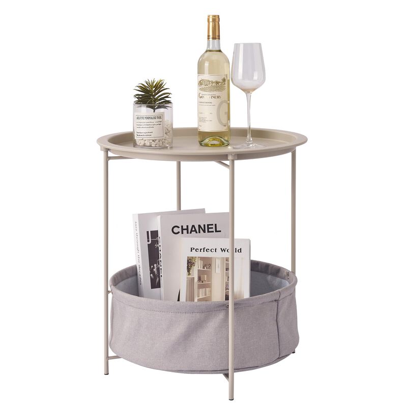 VECELO Round Side/End Table with Fabric Storage Basket