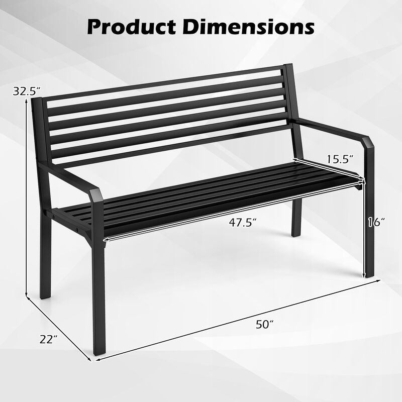 Outdoor Metal Garden Bench with Slatted Seat for 2-3 People-Black image number 2