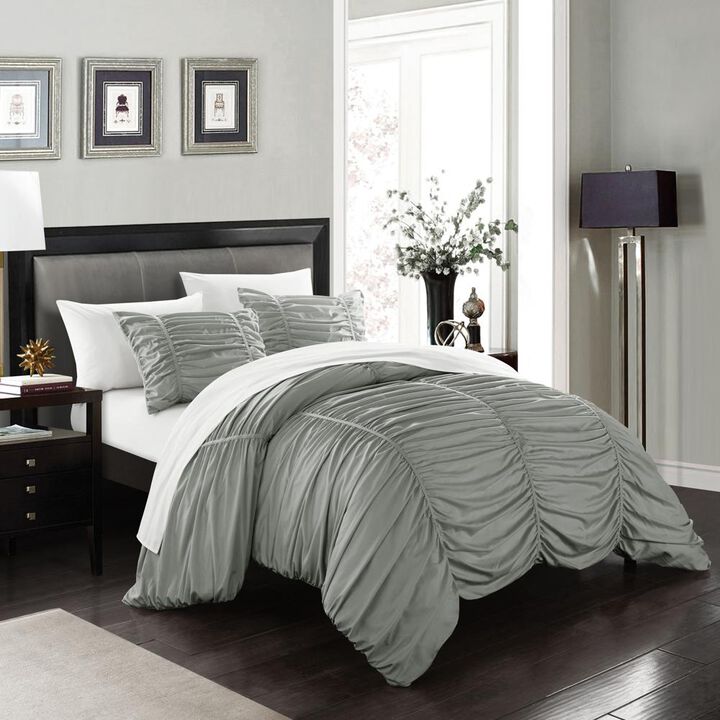 Chic Home Kaiah 3 Piece Comforter Set Contemporary Striped Ruched Ruffled Design Bedding - Decorative Pillow Shams Included