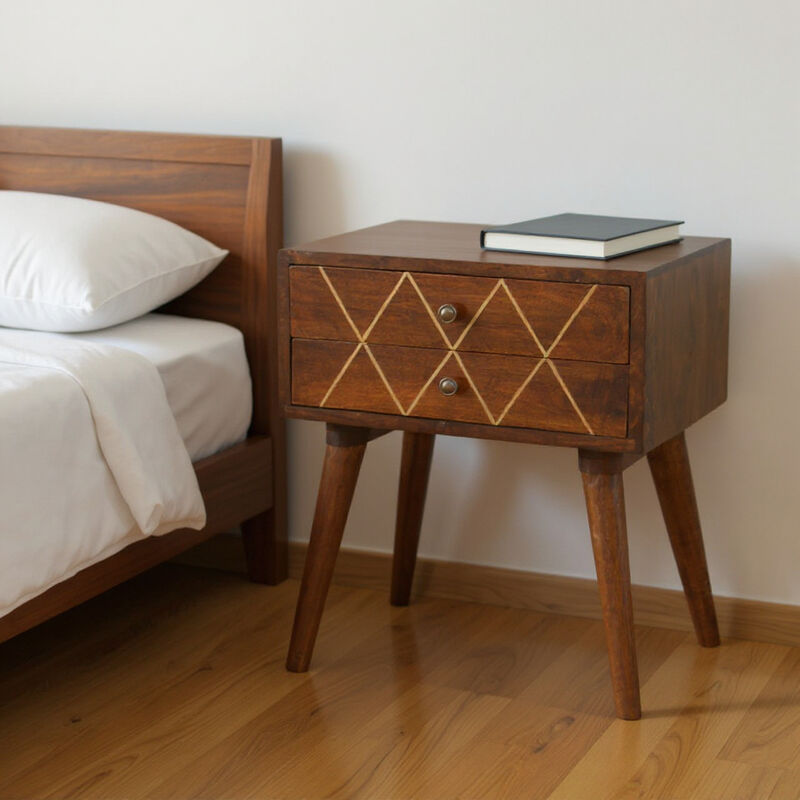 HomeRoots 22" Chestnut Solid Wood Geometric Brass Inlay Two Drawer Nightstand image number 1