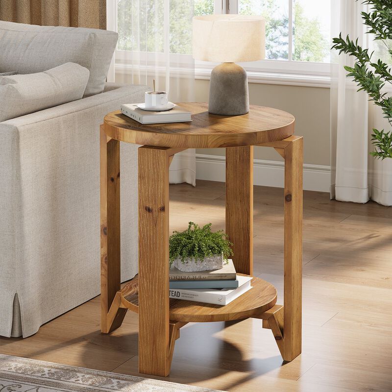 2-Tier Solid Wood Round Sofa Side Table with Storage, End Table Nightstand image number 1