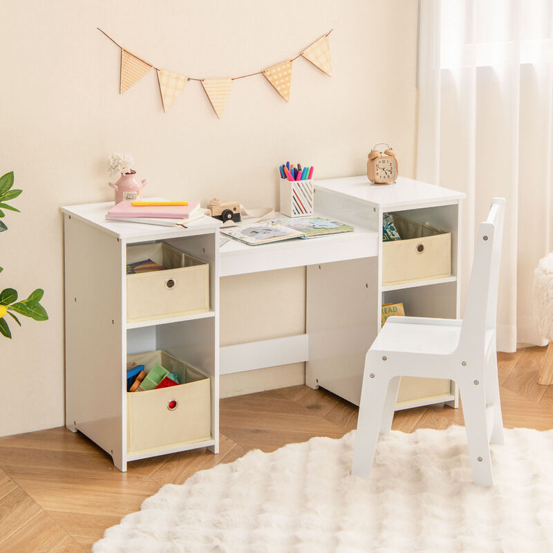 Kids Vanity Table and Chair Set with Removable Mirrors and 4 Storage Bins