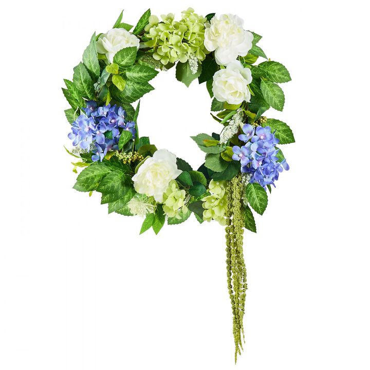 Artificial Wreath with Hydrangeas and Roses for Door or Wall, Year-Round Decor