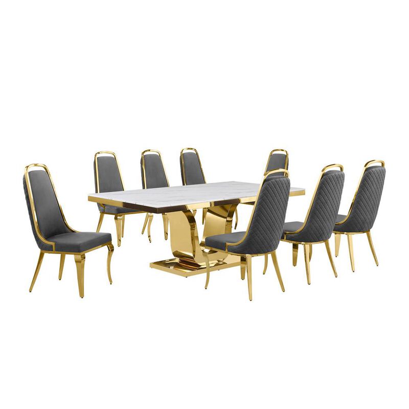9pc Large(78") marble top dining set with gold base and 8 Dark grey side chairs