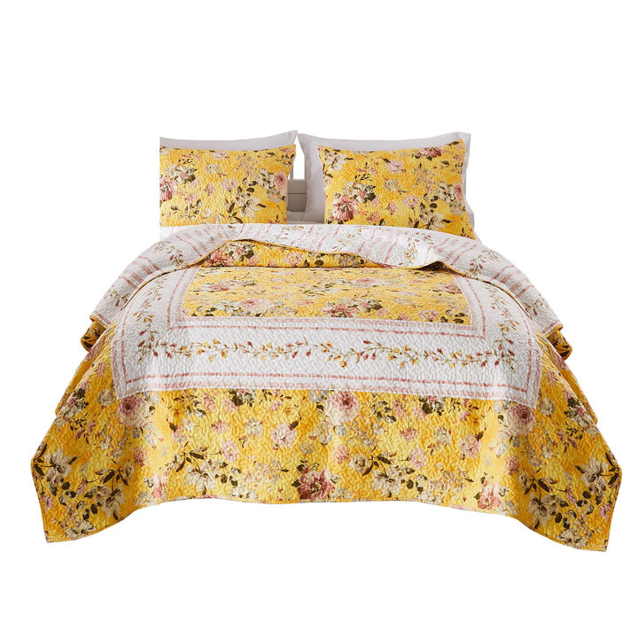 3 Piece Full Queen Quilt Set with Floral Print, Yellow - Benzara