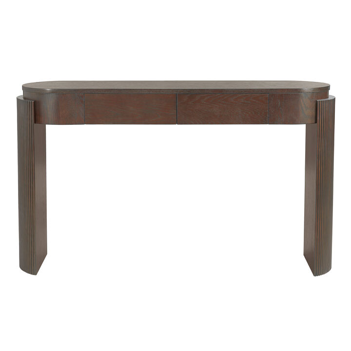 Merax Entryway Table with Natural Wood Grain Finish, Console Table with Fluted Design, Oval Top and 2 Drawers