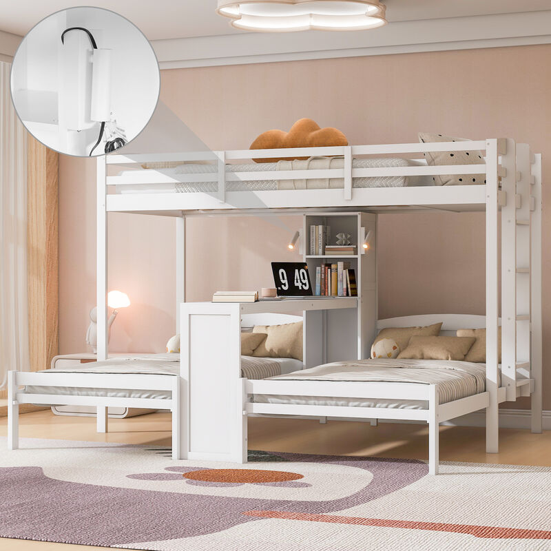 Merax Twin over Twin&Twin Bunk Bed with Built-in Desk and Storage Shelves image number 1
