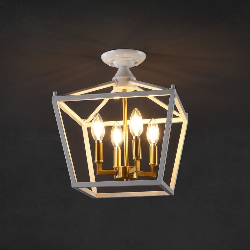 Plains Mini Lantern 12" 4-Light Iron Modern Farmhouse LED Flush Mount, White/Brass Gold image number 2