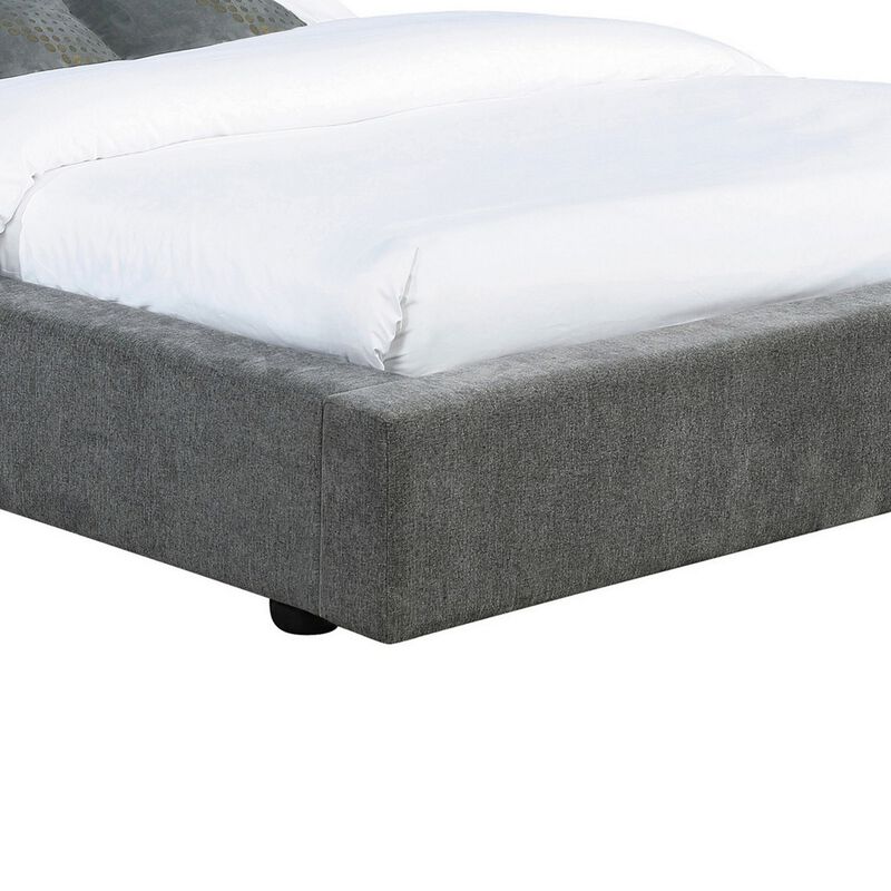 Jivi King Size Platform Bed, Low Profile, Padded, Gray Fabric Upholstered - Benzara