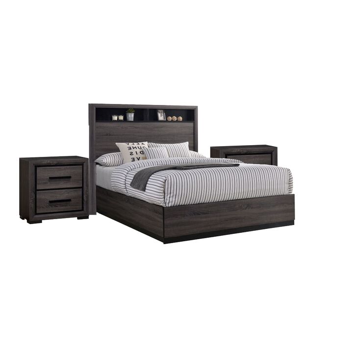 Queen Bedroom Set in Gray & Black Wood &ndash; 3 Piece Set with 2 Nightstands