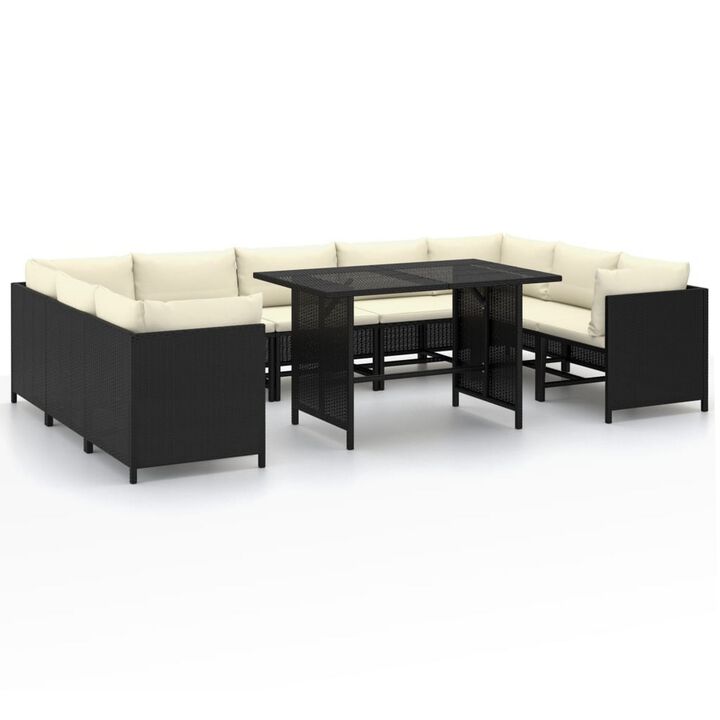 10pc Outdoor Sofa Set, White Cushions, 9 Modular Chairs, Table, Black - Benzara