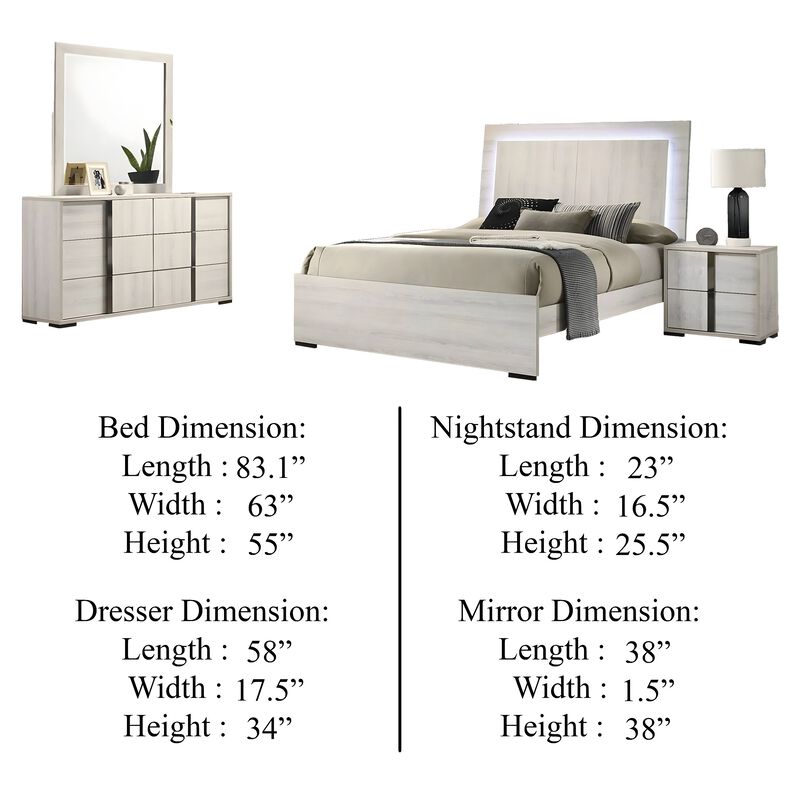 Hyao 4pc Queen Bedroom Set w LED Headboard, Whitewash, Dresser Mirror image number 5