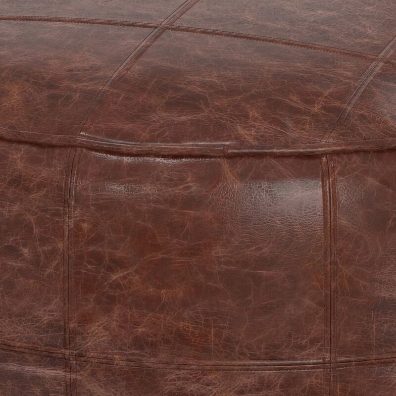 Simpli Home Connor 34 Inch Round Coffee Table Pouf In Distressed Brown Genuine Leather