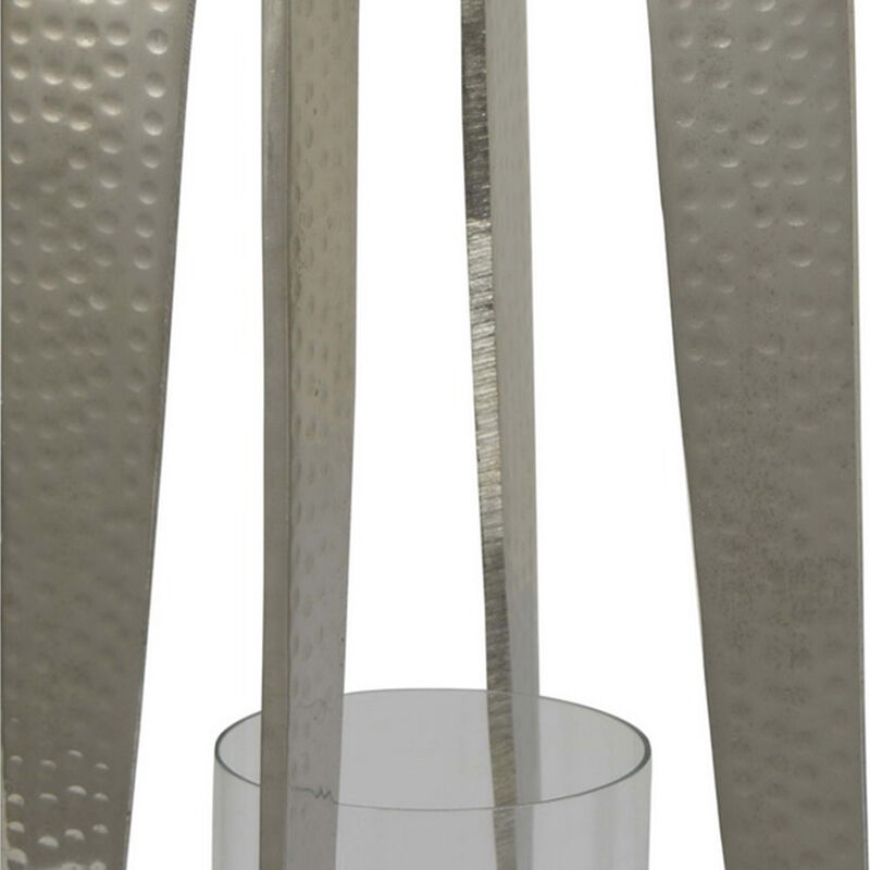 Brie Candle Holder Lantern, 27 Inch, Silver Metal Frame, Glass Shade - Benzara