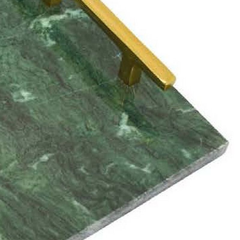 Entro Tray Set of 2, Rectangular Shape, 2 Gold Handles, Green Finish Marble - Benzara