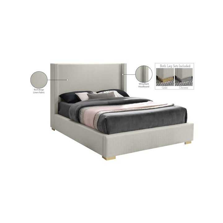 Meridian Furniture Royce Beige Linen Textured Fabric King Bed