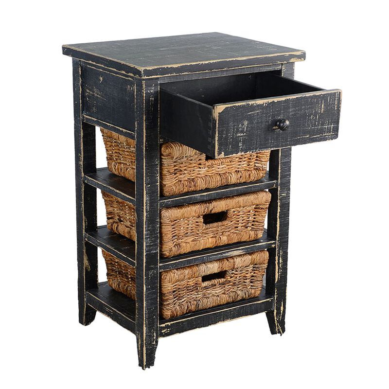 Rena End Table, 3 Natural Rattan Storage Baskets, 20 Inch Black Wood