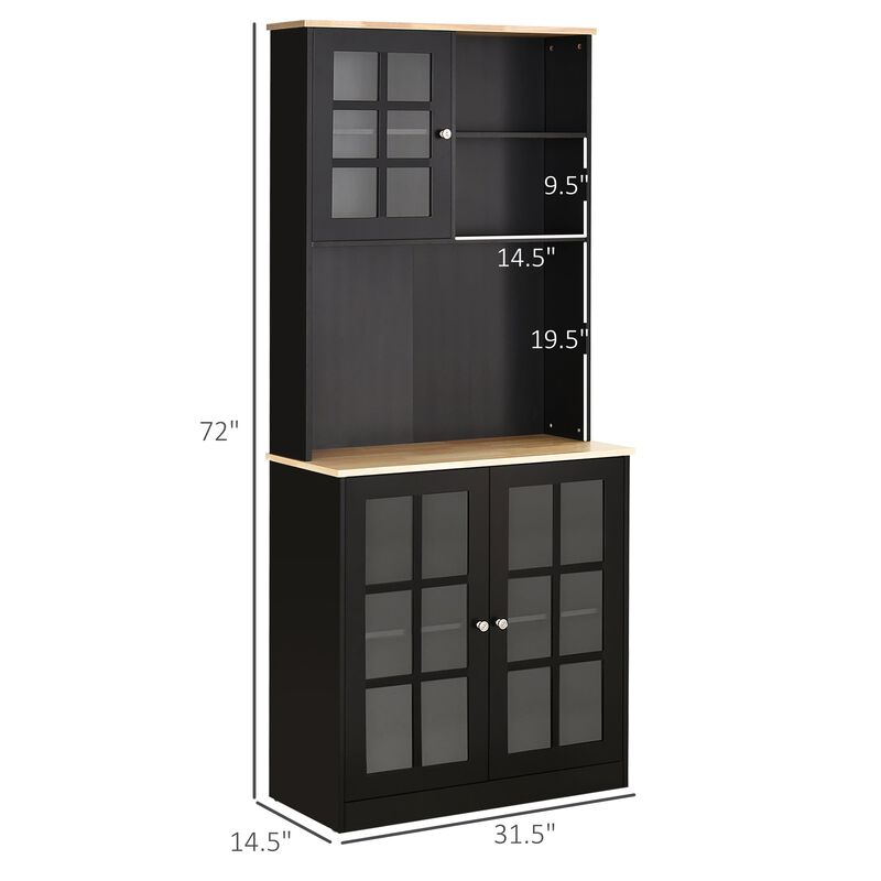 Black Culinary Storage: 72" Kitchen Pantry Cabinet with Glass Doors