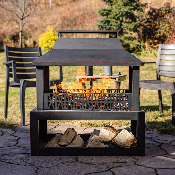 Sunnydaze 32 in Steel Outdoor Fireplace with Log Storage - Brushed Bronze